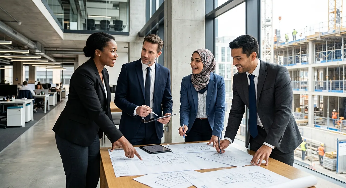 A professional, high-contrast image of a diverse team of skilled professionals in a modern office or construction site, collaborating confidently. Focus on genuine interaction, sharp attire, and a dynamic, forward-looking mood.