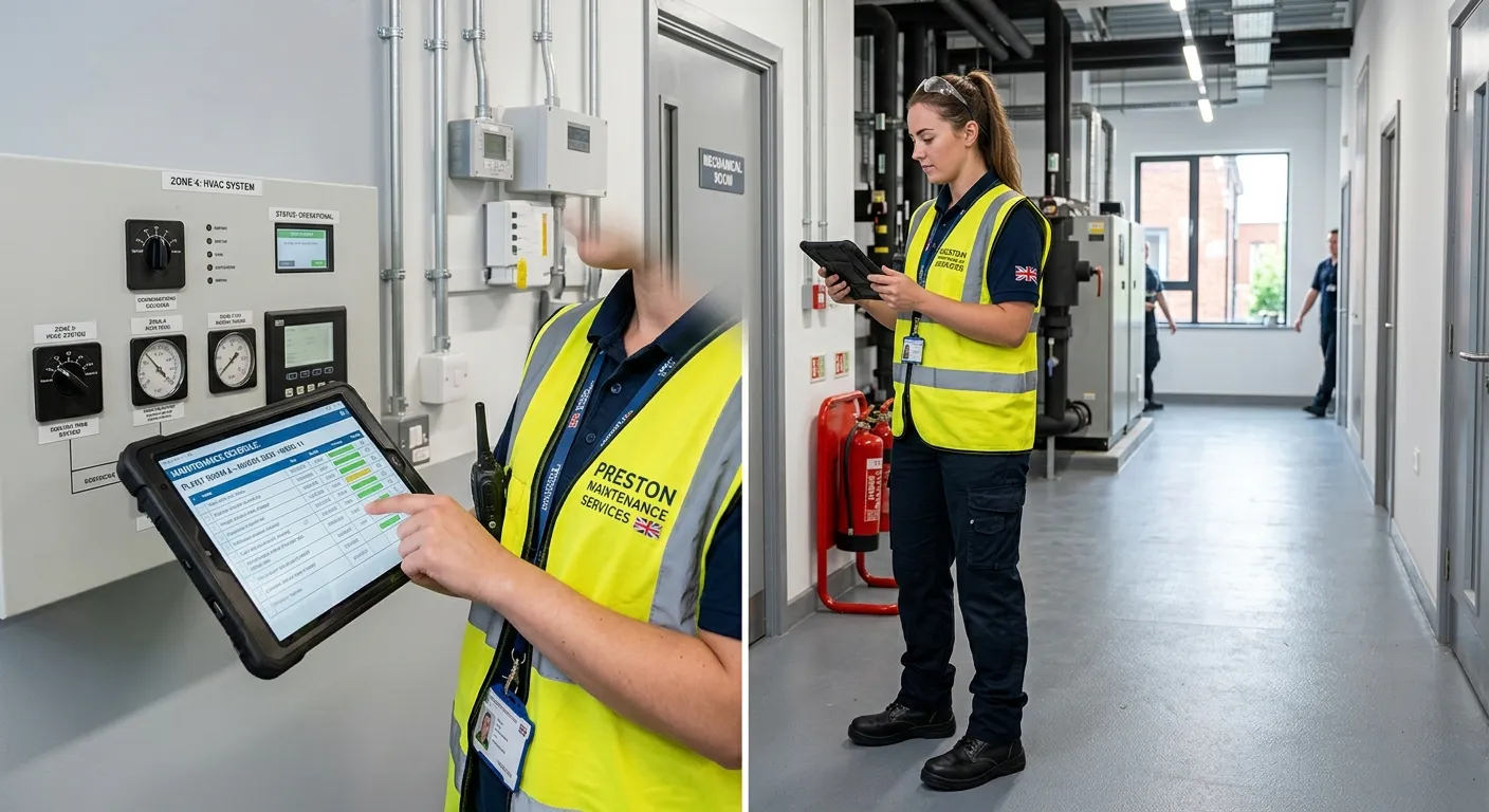 A professional, well-lit photograph of a skilled Maintenance Operative in a clean industrial or commercial building environment in Preston. They are wearing a hi-vis vest and safety boots, using a digital tablet to check a maintenance schedule on a wall-mounted panel. The mood is competent, efficient, and modern.