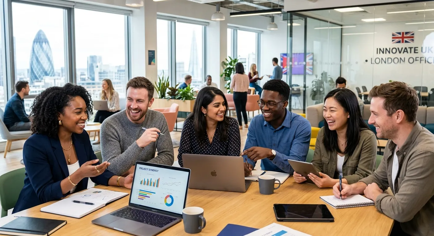 A modern, diverse group of professionals in a UK office setting, collaborating and smiling. Style is... A modern, diverse group of professionals in a UK office setting, collaborating and smiling. Style is bright, professional, and aspirational, with a focus on teamwork and dynamic energy.