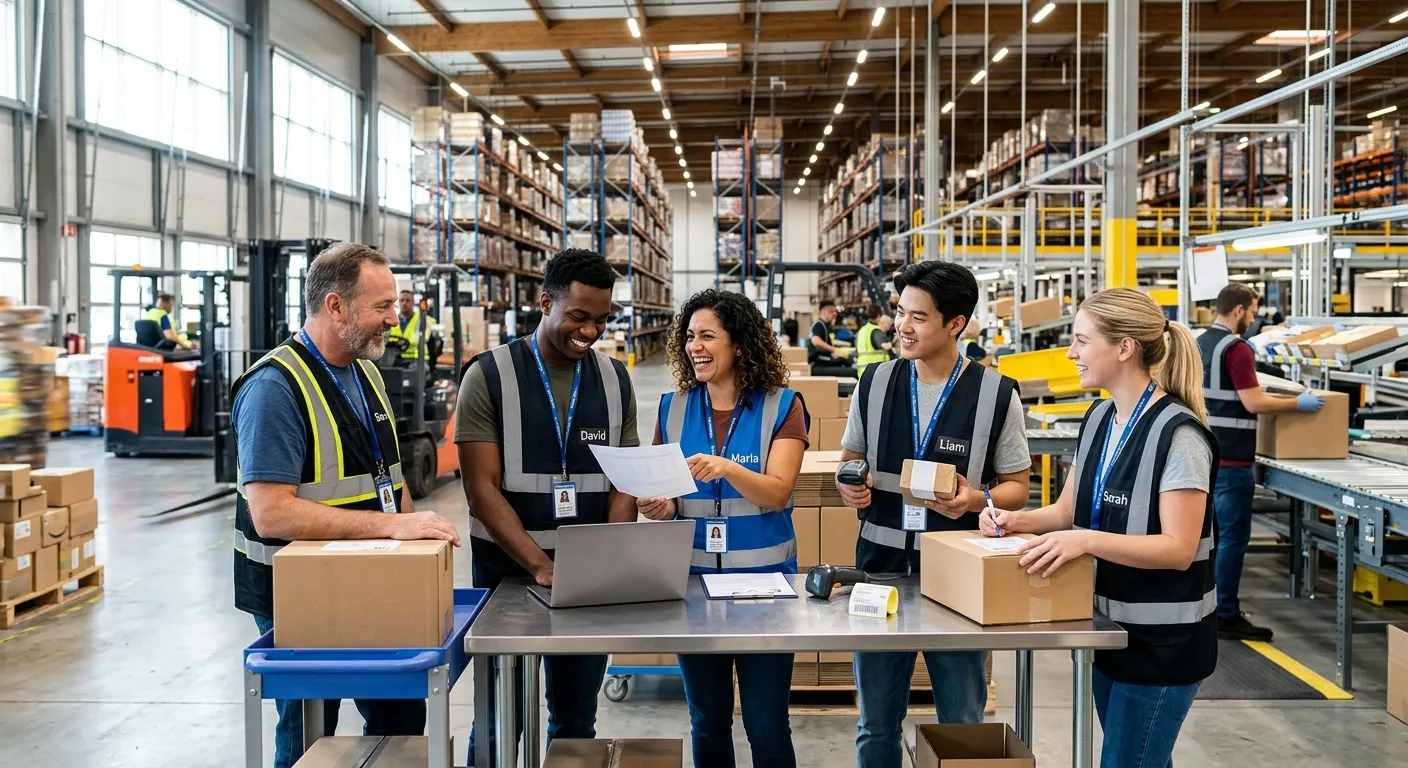 A dynamic, professional photo of a diverse group of temporary workers in a modern warehouse or office setting, collaborating and smiling. Style should be bright, high-contrast, and convey energy and teamwork.