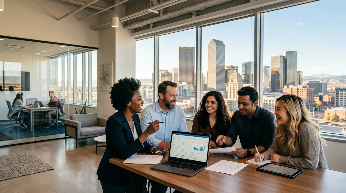 A dynamic, professional hero image of a diverse team collaborating in a modern Denver office with ci... A dynamic, professional hero image of a diverse team collaborating in a modern Denver office with city skyline visible through the windows, conveying energy, partnership, and success.