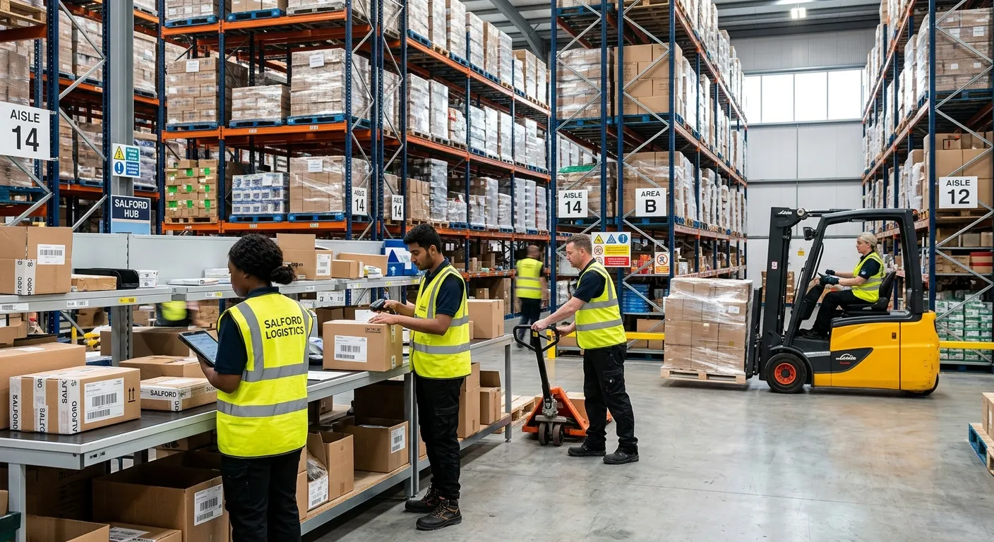 A professional, dynamic photo of a modern, well-organised warehouse in Salford. A diverse team of warehouse assistants is shown working efficiently, handling goods with a forklift in the background. The image conveys a sense of teamwork, opportunity, and a bustling, professional environment.