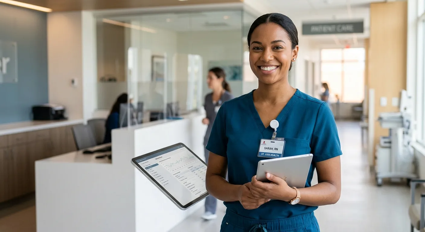 A professional, confident-looking nurse in modern healthcare scrubs, smiling warmly while holding a digital tablet. They are in a bright, clean clinical environment, perhaps a well-equipped treatment room or a modern care facility reception. The style is authentic, aspirational, and focused on the individual, conveying trust and competence. The mood is professional, welcoming, and forward-looking.