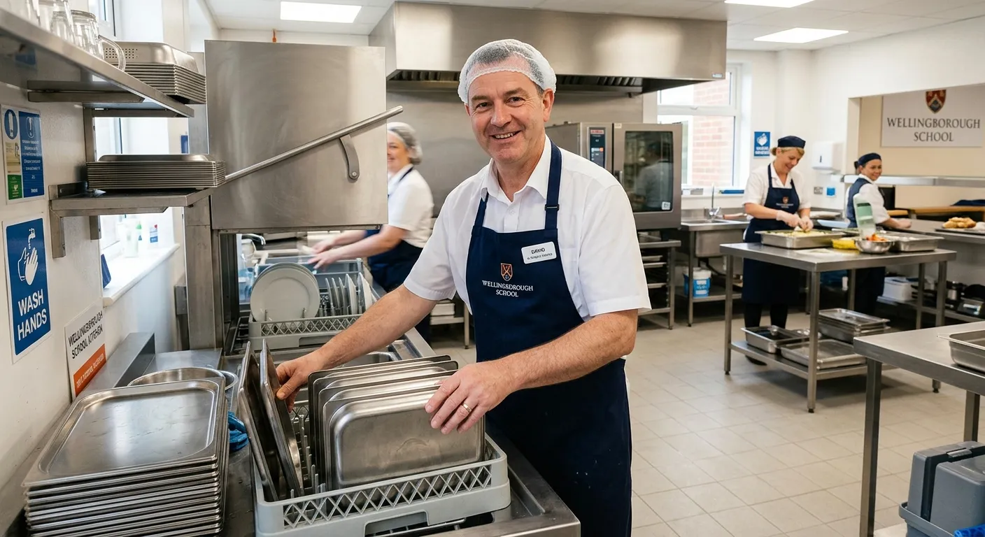 A professional, welcoming image of a modern school kitchen in Wellingborough. A Kitchen Porter in cl... A professional, welcoming image of a modern school kitchen in Wellingborough. A Kitchen Porter in clean, hygienic uniform is smiling while working efficiently. The image conveys cleanliness, teamwork, and a positive work environment.