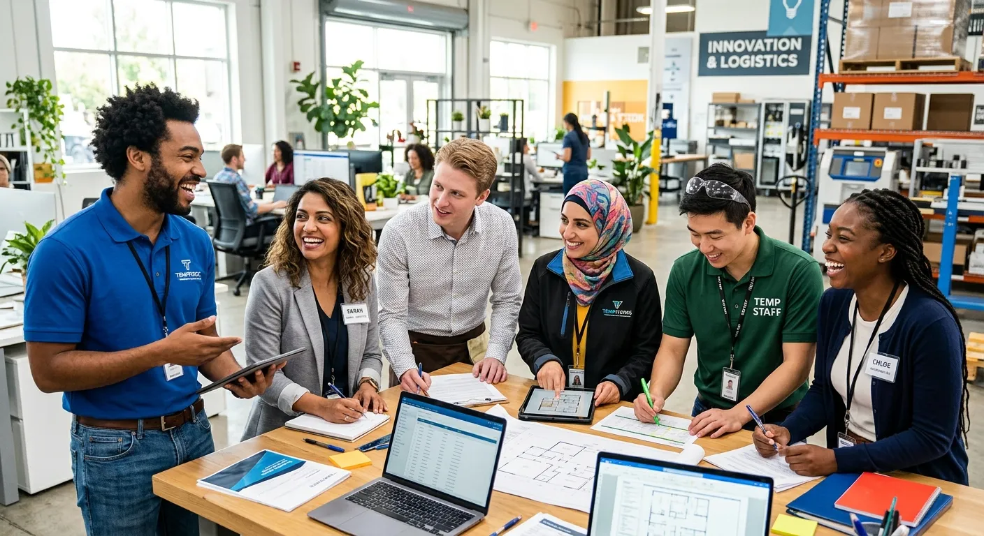 A modern, diverse group of professional temporary workers in an office or light industrial setting,... A modern, diverse group of professional temporary workers in an office or light industrial setting, smiling and collaborating. Style is bright, professional, and energetic, with a focus on people and action.