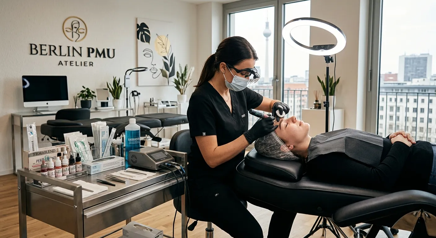 A professional, high-contrast hero image showing a modern, well-lit permanent makeup studio in Berli... A professional, high-contrast hero image showing a modern, well-lit permanent makeup studio in Berlin. A skilled artist is performing a procedure on a client, with clean equipment visible. The mood is sophisticated, hygienic, and high-end.