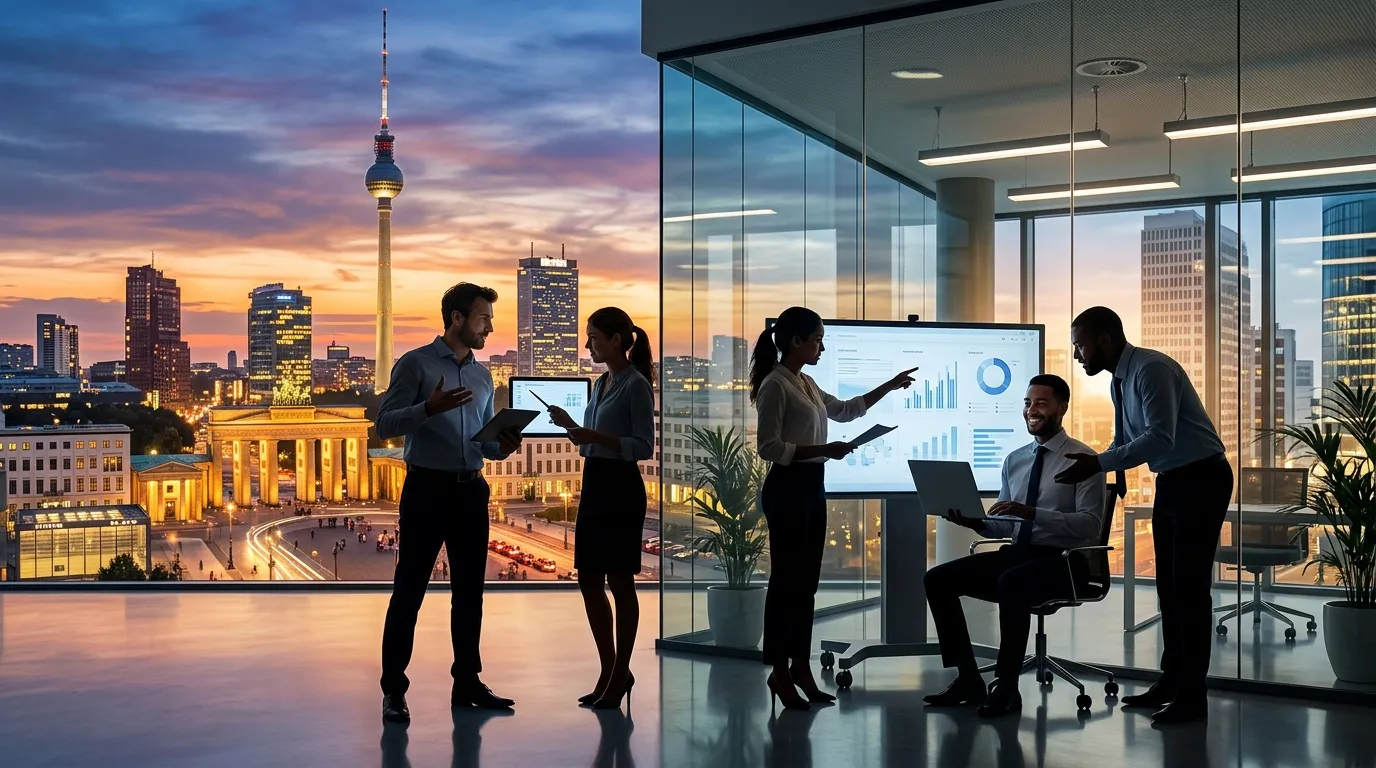 A dynamic, professional hero image showing a modern Berlin skyline (featuring the TV Tower and Potsd... A dynamic, professional hero image showing a modern Berlin skyline (featuring the TV Tower and Potsdamer Platz) overlaid with silhouettes of diverse professionals collaborating in a glass office. Style: Vibrant, aspirational, professional. Mood: Energetic, innovative, successful.