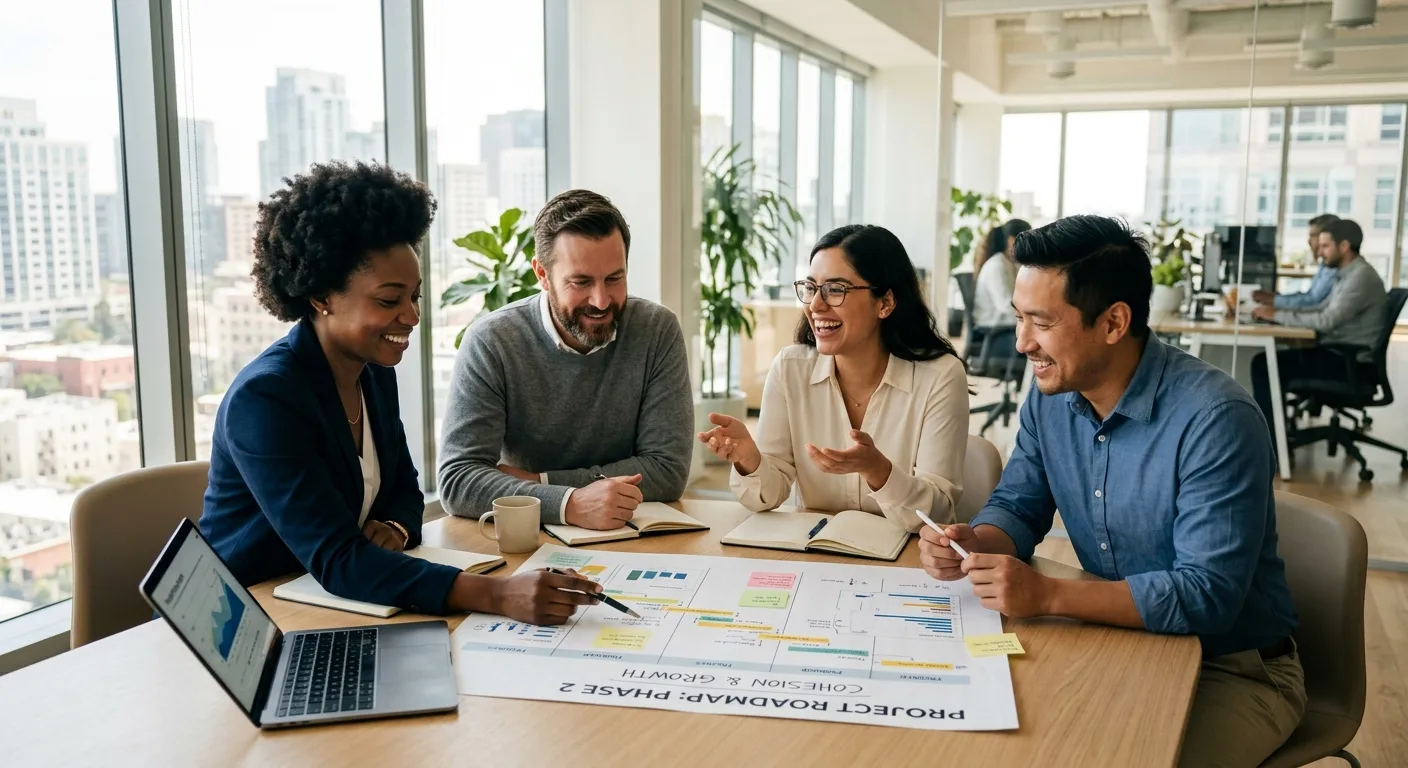 A diverse group of professional employees collaborating in a modern, sunlit office environment. They... A diverse group of professional employees collaborating in a modern, sunlit office environment. They are smiling and discussing a project plan, symbolizing team cohesion and long-term employment. Style: professional corporate photography, warm tones, sharp focus.
