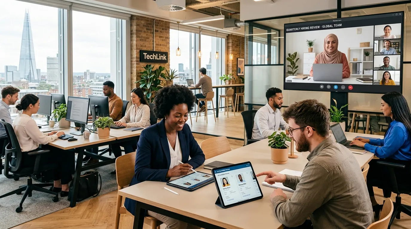 A dynamic, professional hero image showing diverse teams collaborating in a modern UK office and remote setting. The mood is energetic, connected, and forward-thinking, with a slight focus on a manager reviewing candidate profiles on a tablet.