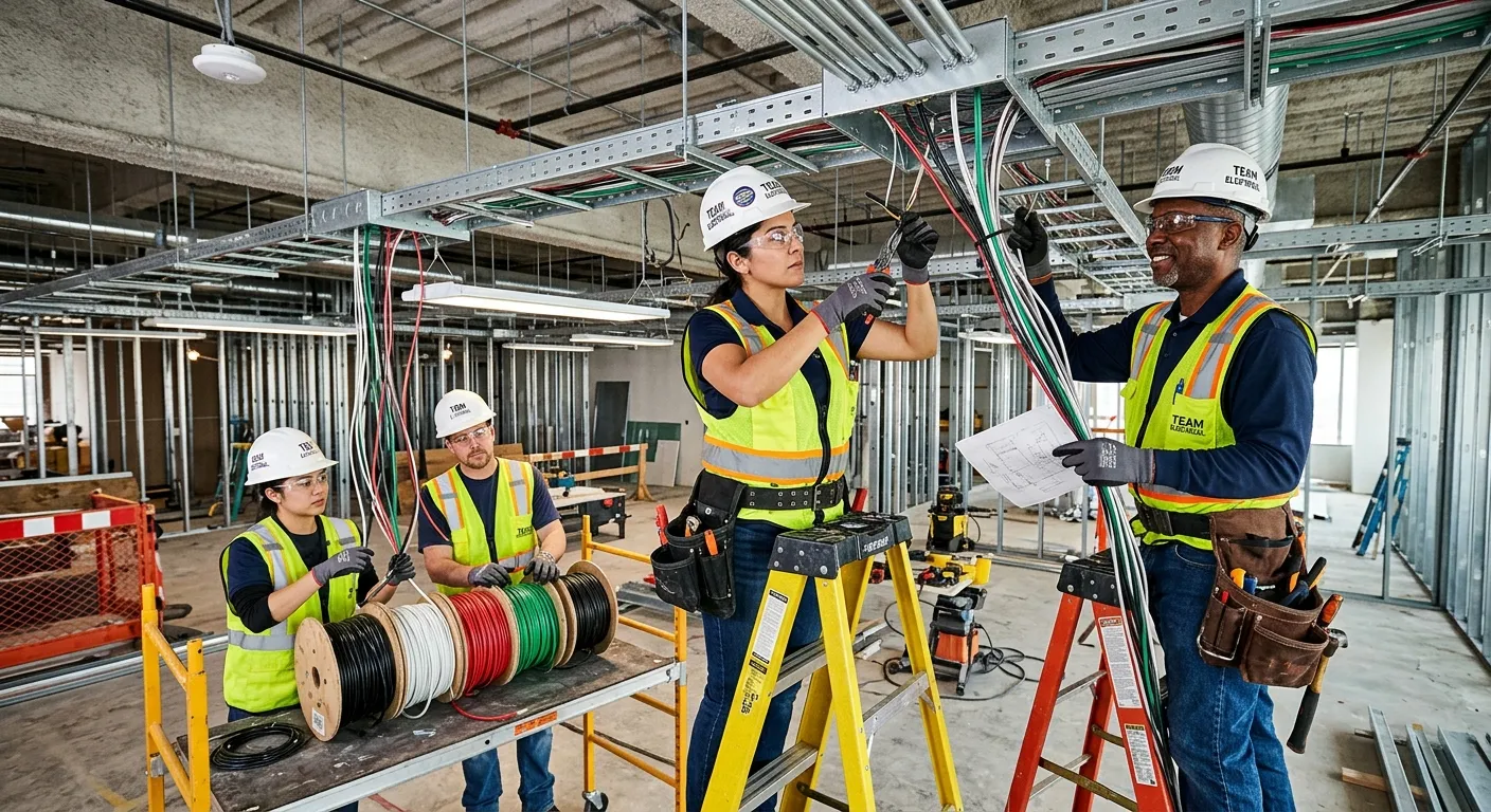 A dynamic, high-contrast photo of a diverse team of electricians collaborating on a commercial lighting installation in a modern office build-out. Focus on safety gear, intricate wiring, and teamwork. Professional, energetic mood.