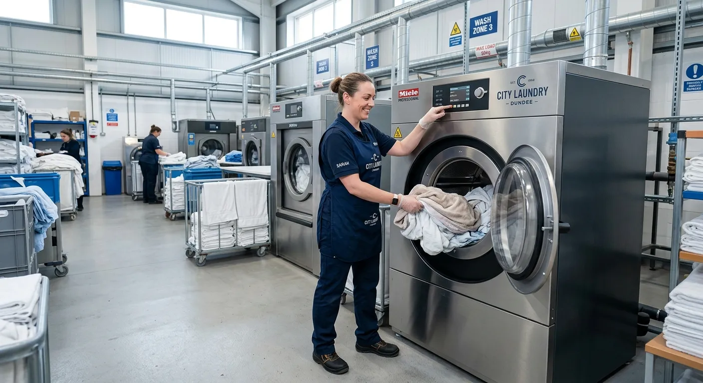 A professional, well-lit photo of a modern, organised industrial laundry facility in Dundee. A friendly operative is operating a large commercial washing machine, showcasing a clean and efficient work environment. The mood is professional, reliable, and welcoming.
