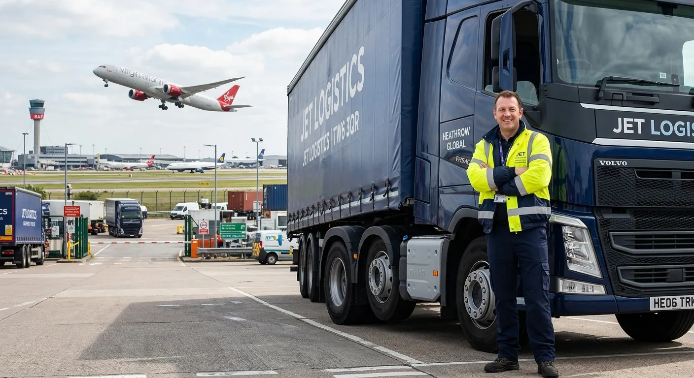 A professional, confident HGV Driver Class 1 in high-visibility clothing, standing proudly next to a... A professional, confident HGV Driver Class 1 in high-visibility clothing, standing proudly next to a modern articulated lorry at a Heathrow TW6 logistics depot, with aircraft visible in the background. Style: Realistic, bright, aspirational mood.