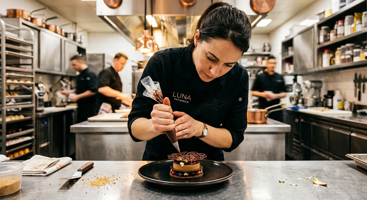 A professional, high-energy kitchen scene focused on a pastry chef meticulously piping an intricate... A professional, high-energy kitchen scene focused on a pastry chef meticulously piping an intricate chocolate design onto a delicate dessert. The mood is sophisticated, precise, and luxurious, with a shallow depth of field highlighting the chef's skill. Style: Modern culinary photography.