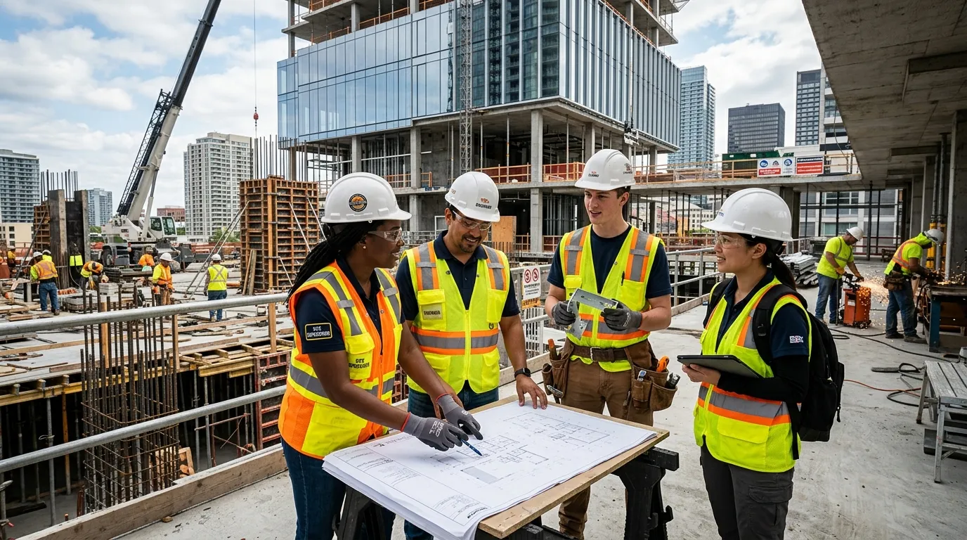 Dynamic hero image showing a diverse team of construction professionals on a modern building site, w... Dynamic hero image showing a diverse team of construction professionals on a modern building site, wearing high-visibility gear and collaborating. The mood is professional, efficient, and forward-thinking, with a focus on skilled workers in action.