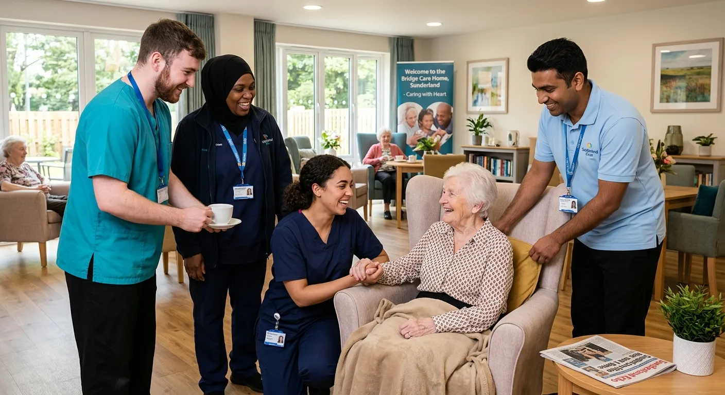A diverse group of friendly, professional healthcare support workers in a bright, modern care home setting in Sunderland, smiling and assisting a resident. Warm, welcoming, and professional mood.