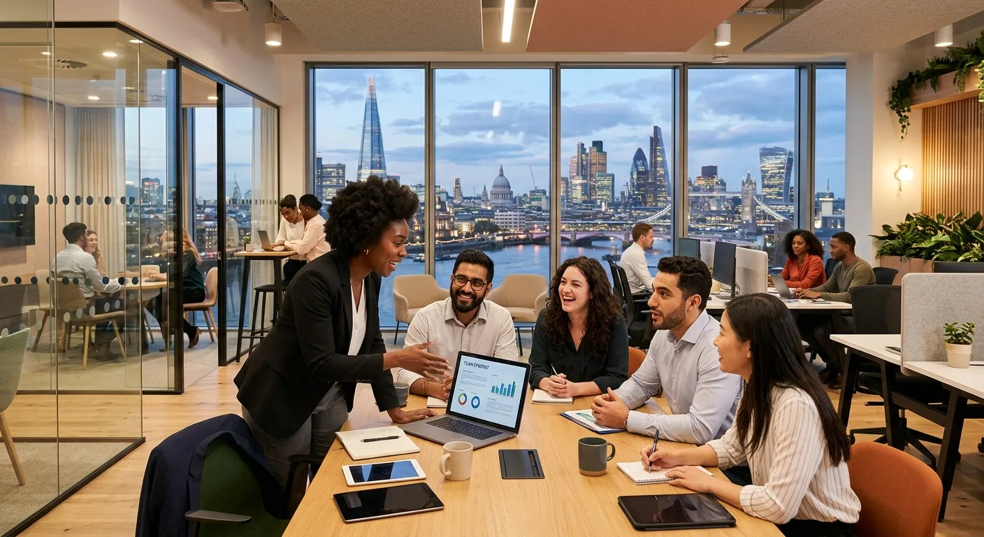 A dynamic, professional shot of diverse teams collaborating in a modern West London office space, with the iconic London skyline visible through large windows. Style: vibrant, professional, inspiring mood.