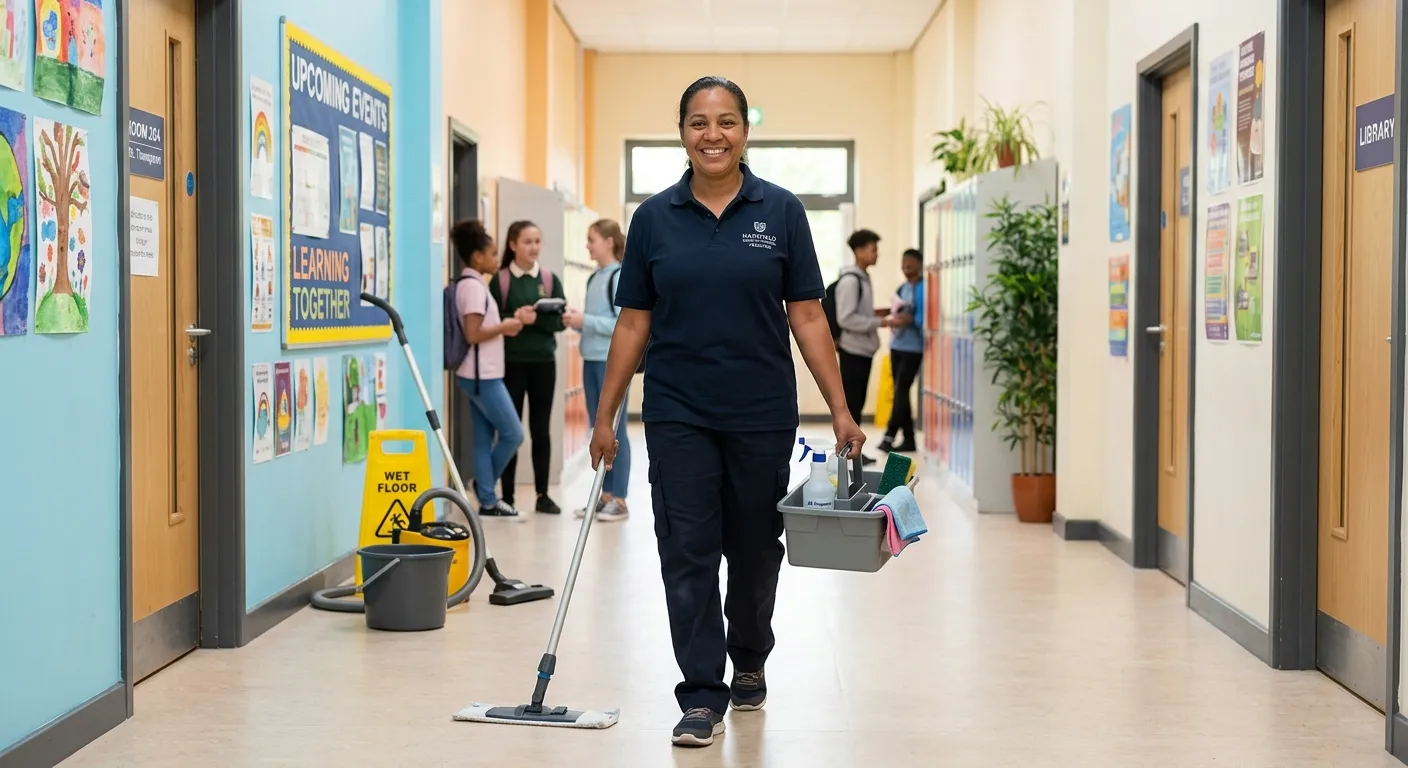 A professional, well-lit photo of a friendly cleaner in a school corridor, smiling and holding cleaning supplies, with a bright, clean educational environment in the background. Style: authentic, trustworthy, and welcoming.