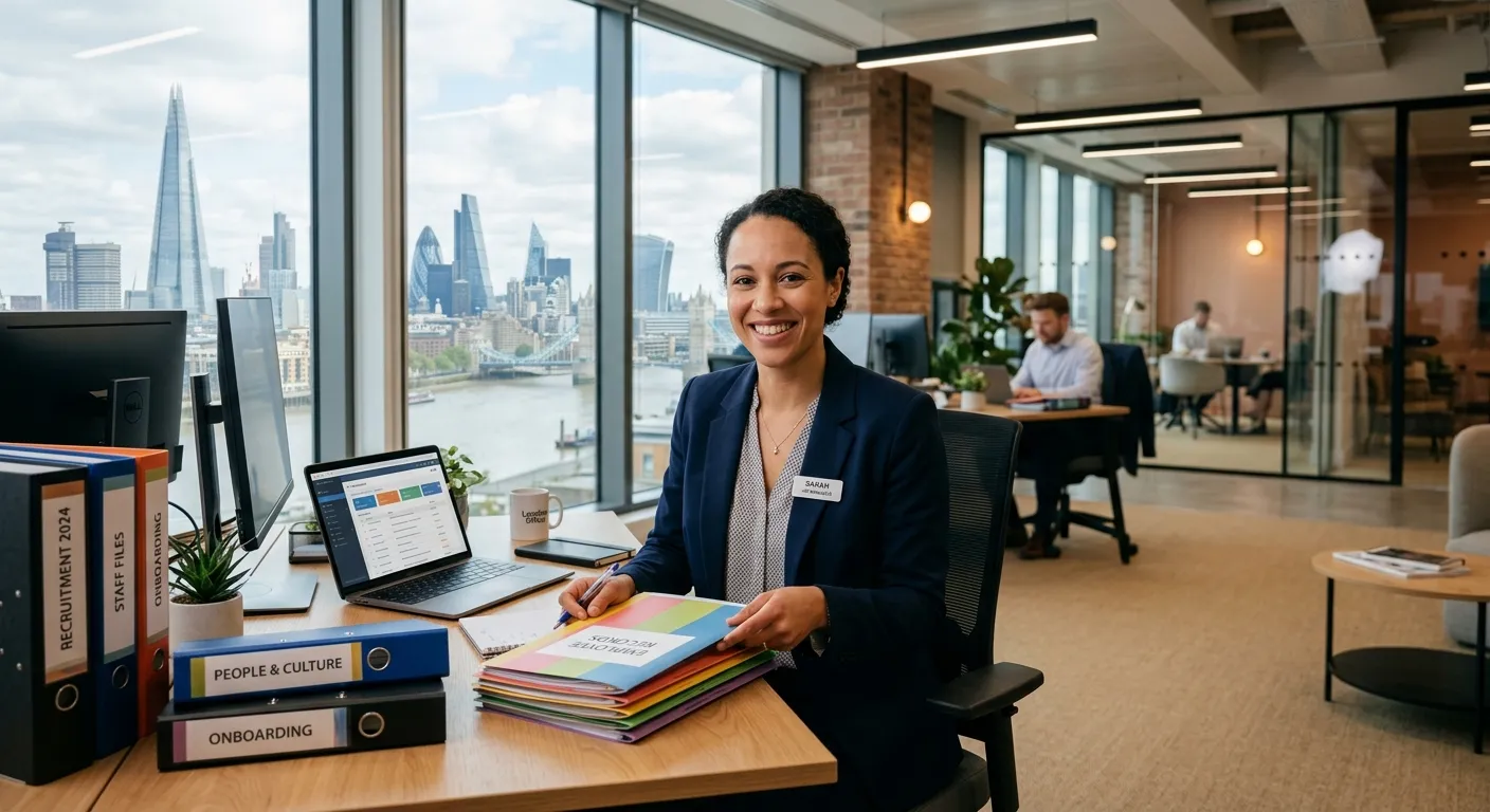 Professional, friendly HR professional working at a modern desk in a London office, organising files... Professional, friendly HR professional working at a modern desk in a London office, organising files and smiling at the camera. The mood is efficient, welcoming, and professional, with London skyline visible through a window.
