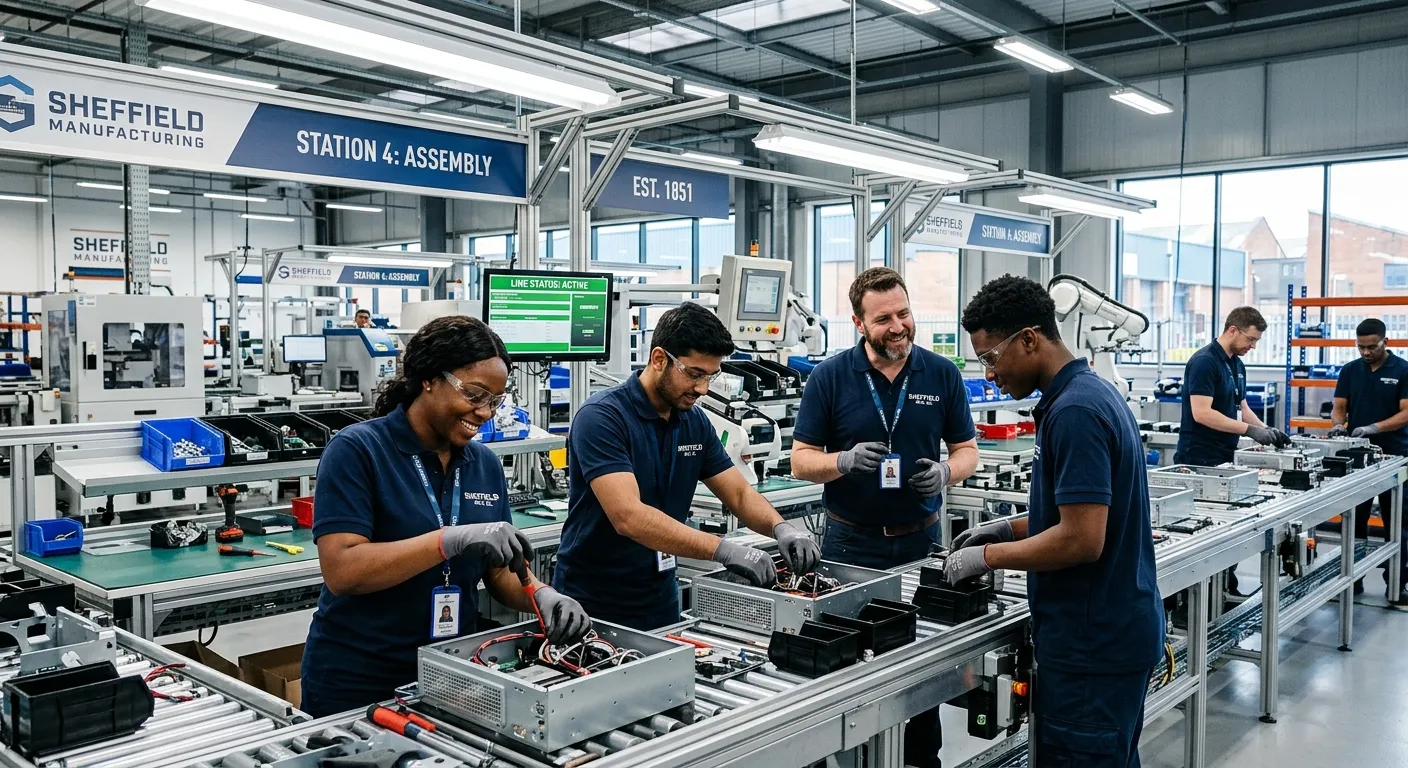A professional, high-energy photo of a diverse team of production operatives working collaboratively on a modern assembly line in a clean, well-lit Sheffield manufacturing facility. The mood is focused, efficient, and positive.