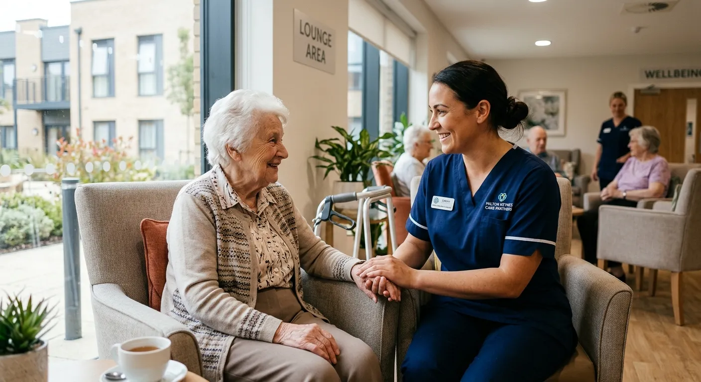 A professional, warm, and compassionate photo of a Healthcare Assistant in a modern healthcare setti... A professional, warm, and compassionate photo of a Healthcare Assistant in a modern healthcare setting in Milton Keynes, gently assisting an elderly resident. The image conveys trust, care, and a professional healthcare environment.
