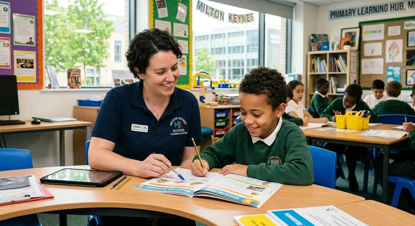 A welcoming, professional photo of a Learning Support Assistant smiling while working with a student... A welcoming, professional photo of a Learning Support Assistant smiling while working with a student in a modern, well-equipped classroom or learning environment, set in Milton Keynes. The mood is supportive, inclusive, and educational.