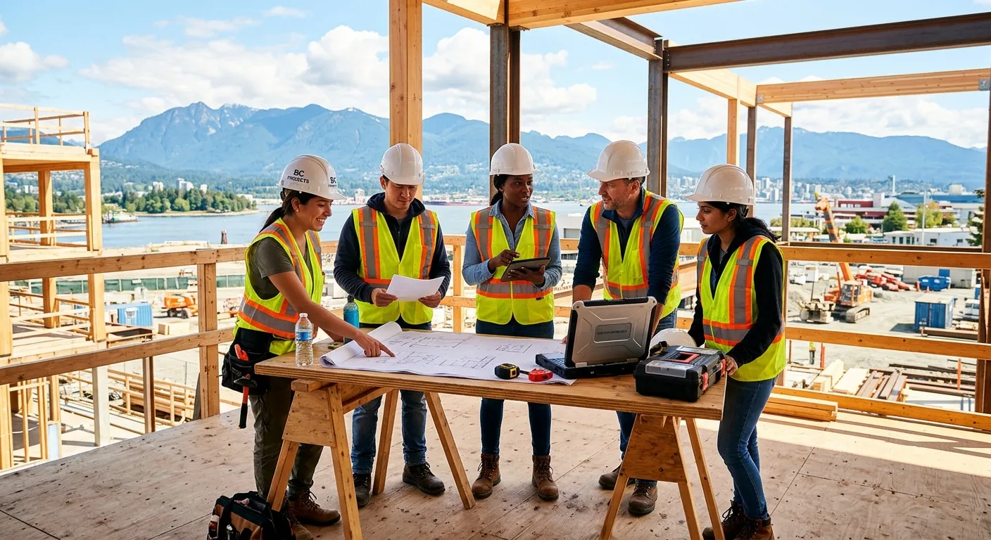 A diverse group of professional temporary foreign workers collaborating in a modern British Columbia... A diverse group of professional temporary foreign workers collaborating in a modern British Columbia workplace, such as a tech office, construction site, or healthcare facility. Style: Professional, welcoming, high-contrast, vibrant. Mood: Productive, inclusive, and forward-looking.