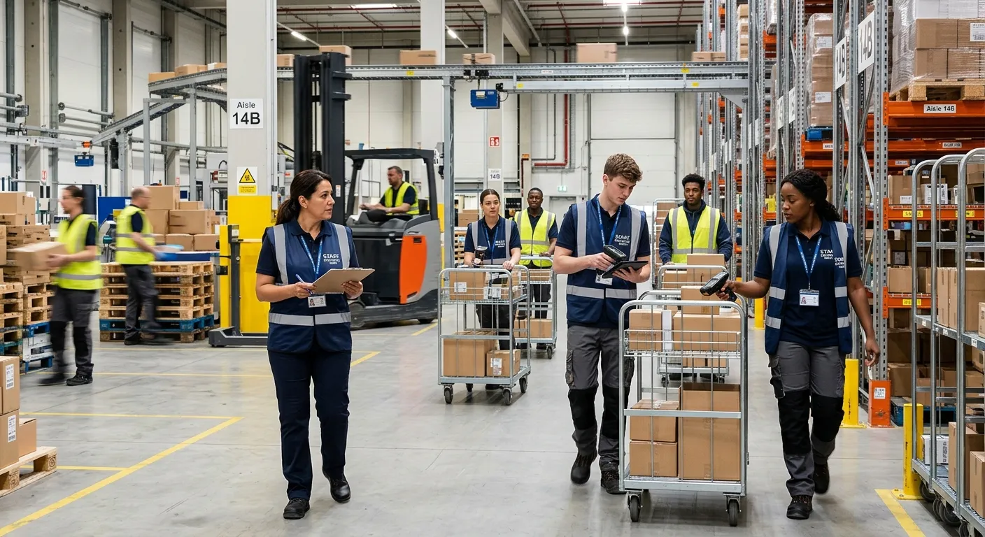 A dynamic, professional photo of a modern warehouse floor during peak activity, showing a diverse team of temporary and permanent staff working efficiently with scanners and carts, supervised by a coordinator in branded Staff Solutions Gmbh attire.