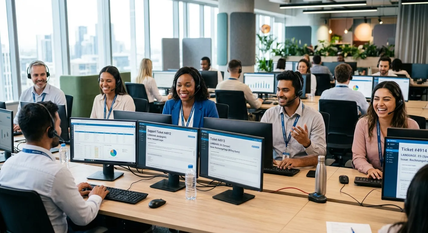 A diverse, professional team of customer service agents in a modern, bright call center, wearing hea... A diverse, professional team of customer service agents in a modern, bright call center, wearing headsets and smiling. Some are on monitors showing multilingual support tickets. Style is professional, crisp, and conveys global connectivity.