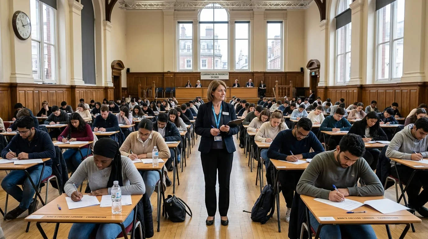 Professional hero image of a modern, brightly lit examination hall in a prestigious West End London academic institution. The mood is focused, orderly, and trustworthy. An invigilator stands respectfully observing a diverse group of students taking exams.
