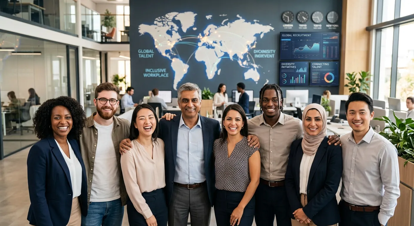 A diverse group of professionals of varying ages smiling confidently, standing in a modern office wi... A diverse group of professionals of varying ages smiling confidently, standing in a modern office with world maps and digital screens in the background, symbolizing global, inclusive hiring.