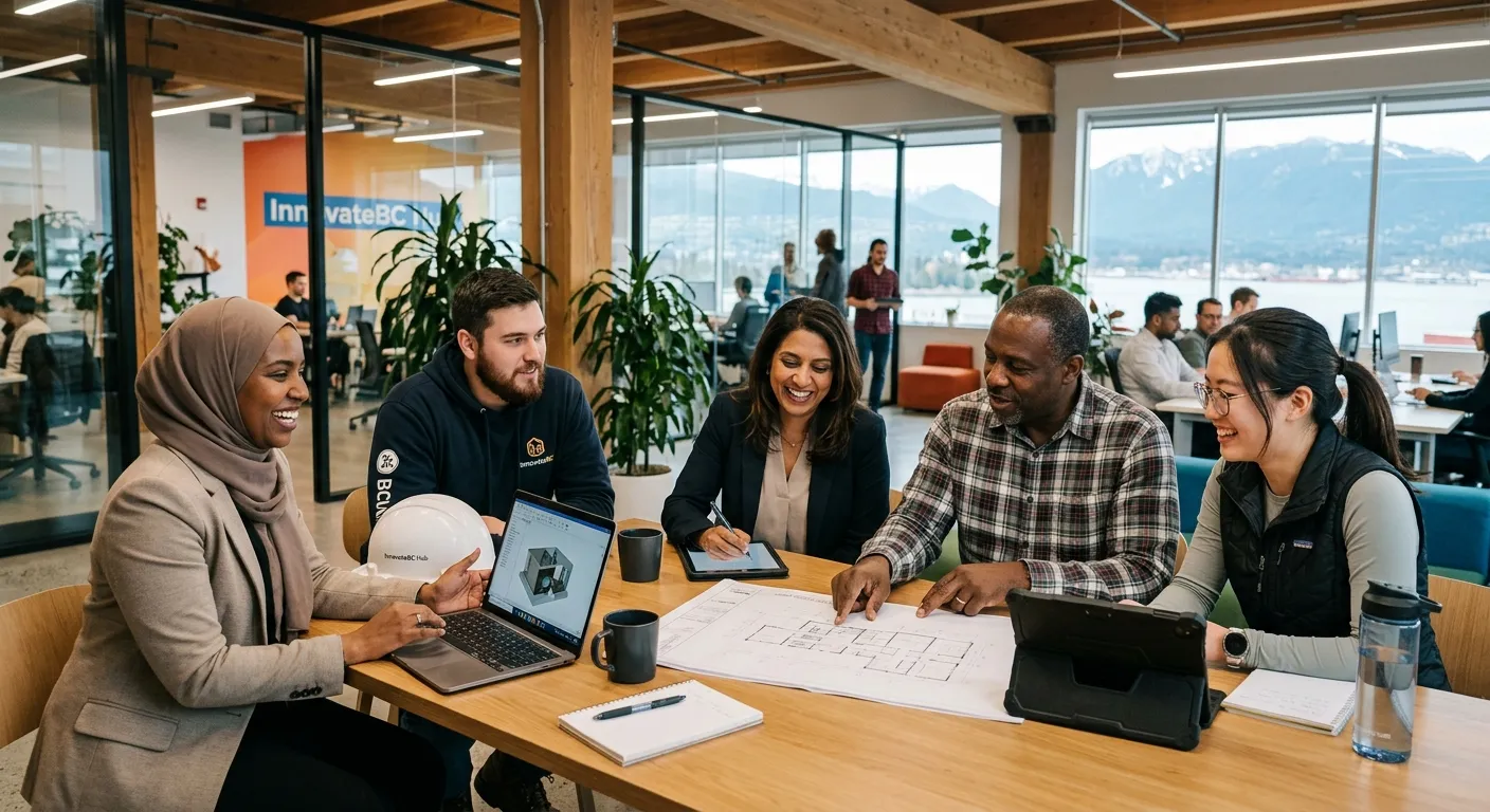 A professional, diverse group of workers collaborating in a modern British Columbia workplace, such... A professional, diverse group of workers collaborating in a modern British Columbia workplace, such as a tech office, construction site, or agricultural setting. Style: Authentic, high-resolution stock photo with a hopeful, productive mood. Focus on multicultural faces.