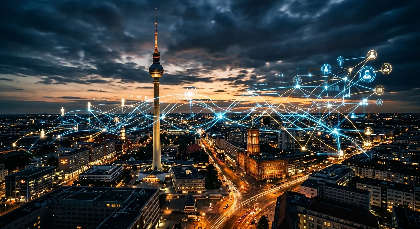 A dynamic, high-contrast photograph of the Berlin skyline (Alexanderplatz TV Tower visible) overlaid... A dynamic, high-contrast photograph of the Berlin skyline (Alexanderplatz TV Tower visible) overlaid with glowing network connection lines, symbolizing talent connections. Professional, modern, slightly futuristic mood.