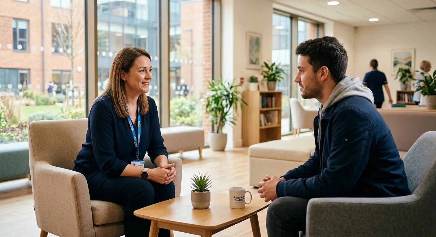 A professional, empathetic photo of a Mental Health Support Worker in a modern healthcare setting in... A professional, empathetic photo of a Mental Health Support Worker in a modern healthcare setting in Reading, speaking with a client in a calm, sunlit communal area. The mood is supportive, professional, and trustworthy.