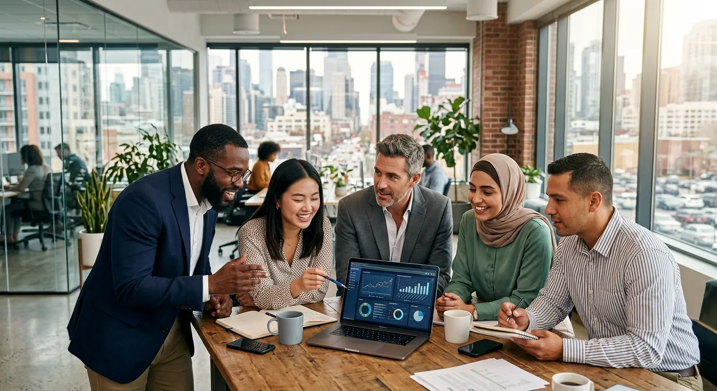 A professional, high-energy photo of a diverse team of business professionals in a modern office collaborating over a laptop, with a cityscape blurring in the background. Style: Authentic, bright, and dynamic. Mood: Professional, collaborative, and solution-oriented.