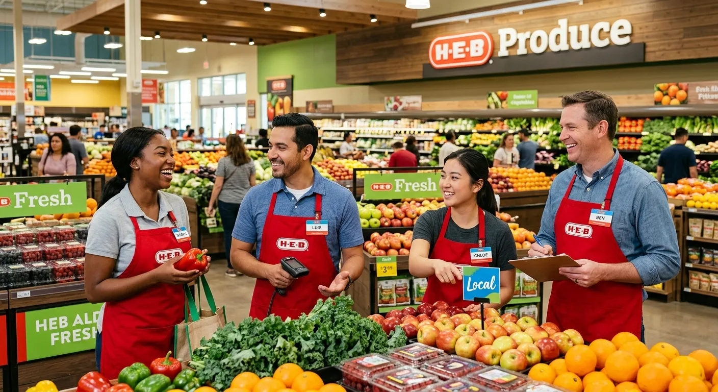 A professional, well-lit image of a diverse group of HEB employees in a modern supermarket setting, smiling and collaborating in a produce section. Style: Corporate photography, warm and inviting mood.
