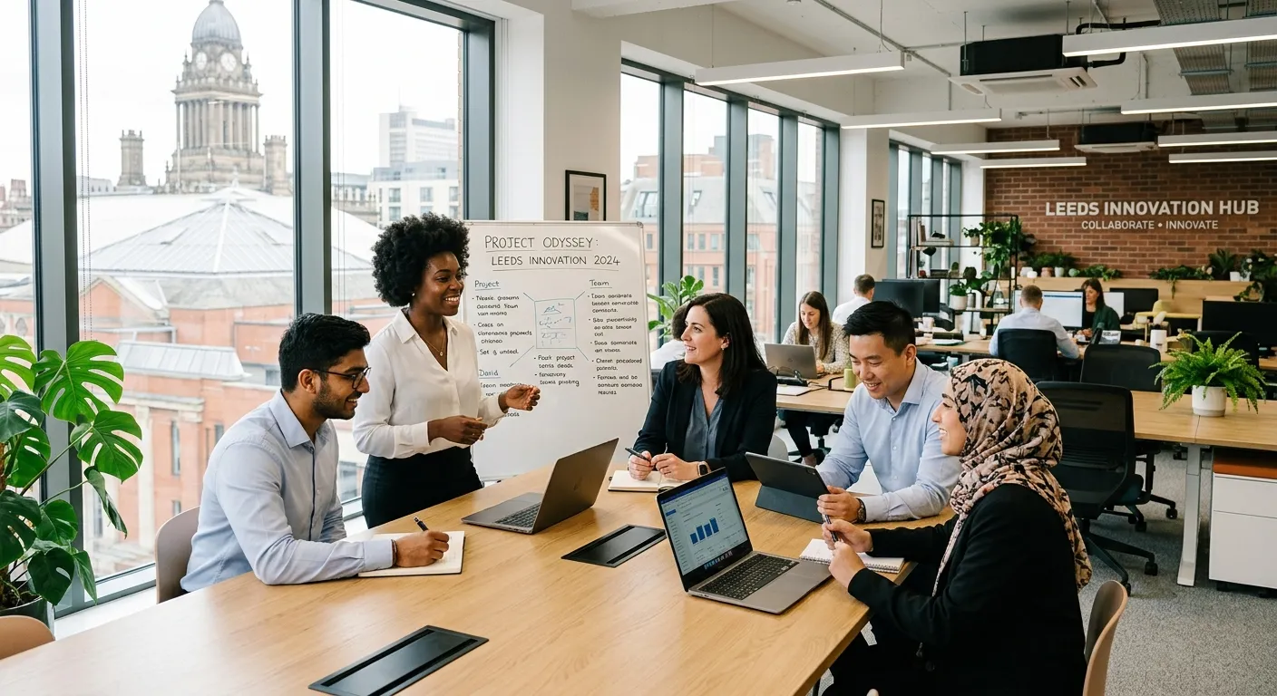 A professional, modern office environment in Leeds, with a diverse team collaborating. Bright, airy, and organised, conveying a positive and efficient workplace culture.