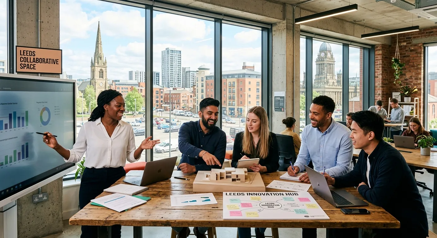 A professional, high-energy photo of a diverse team collaborating in a modern Leeds office or industrial workspace, with the Leeds skyline visible through a window. Style: Bright, optimistic, and dynamic.