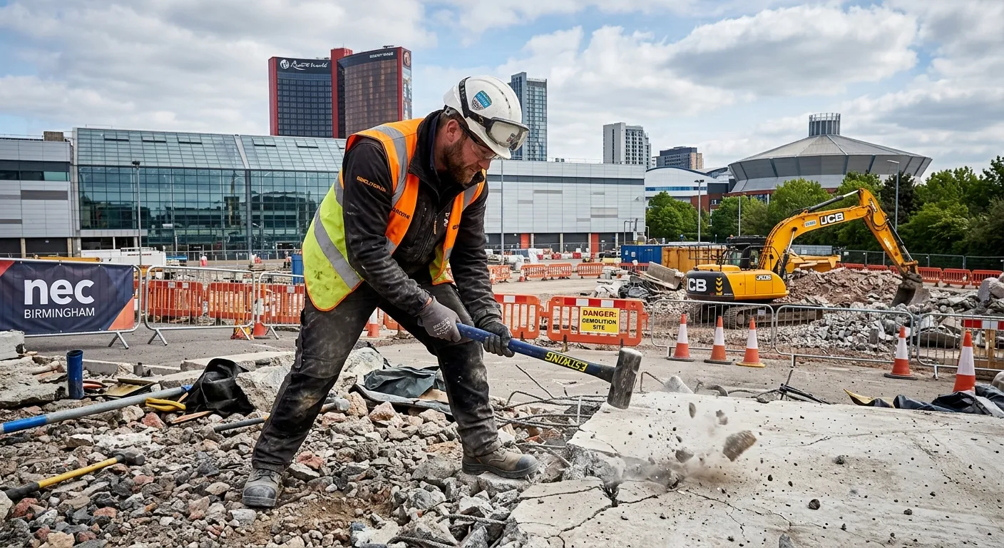 A professional, action-oriented photo of a demolition labourer in full PPE (hard hat, hi-vis vest, safety boots, gloves) using a hand tool to break apart concrete on a controlled site. The background shows the NEC Birmingham skyline, emphasising the local setting. Style: realistic, inspiring, safe.