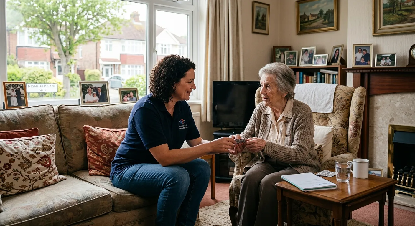 A professional and empathetic photo of a Support Worker assisting a client in a homely environment in Southampton, showcasing active listening and practical help.
