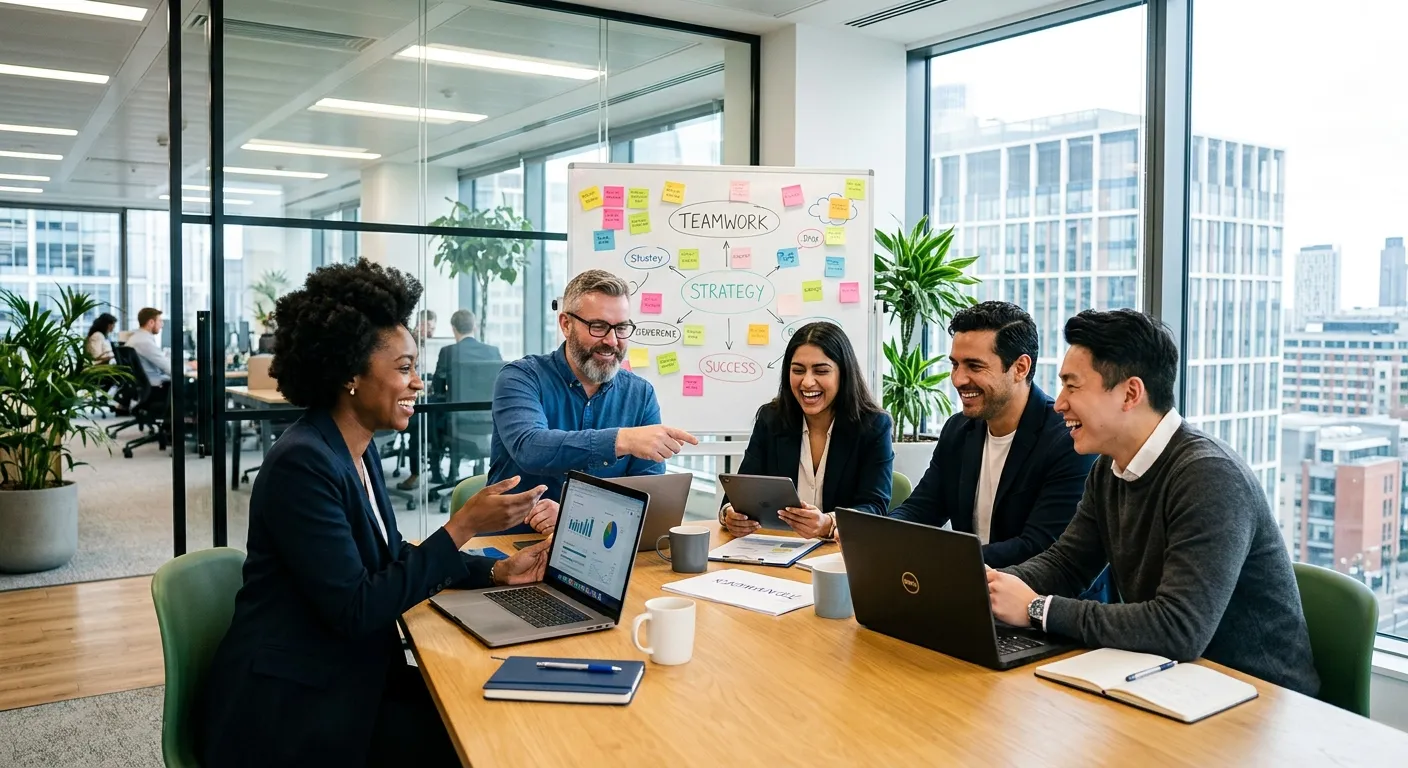 A professional, diverse group of employees in a modern office, smiling and collaborating around a table. Style is bright, aspirational, and high-contrast, with a focus on career success and teamwork.