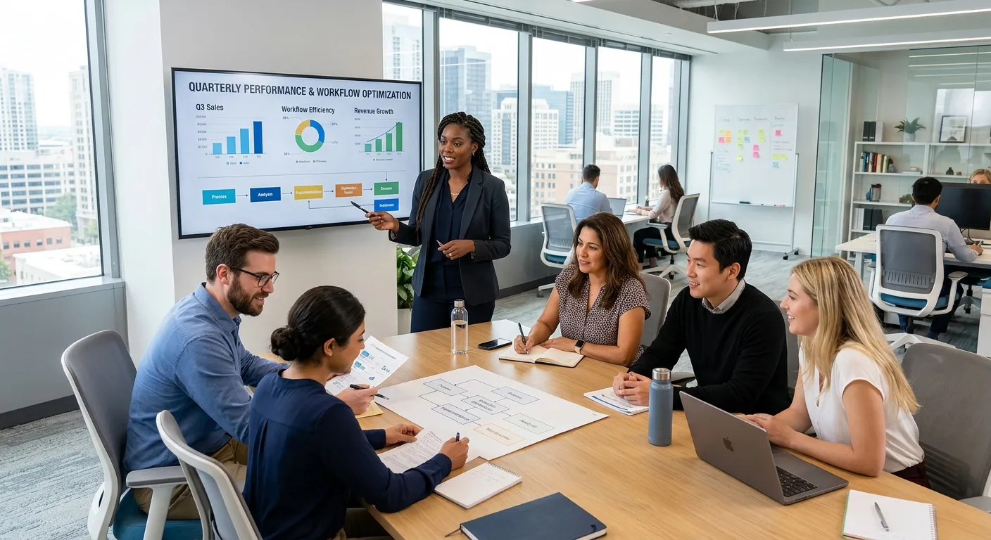 A modern, professional business office environment. A diverse team of business administrators is col... A modern, professional business office environment. A diverse team of business administrators is collaborating in a bright, airy workspace. One is presenting a report on a large screen, others are discussing a workflow chart. The style is sharp, high-resolution, and conveys efficiency and teamwork.