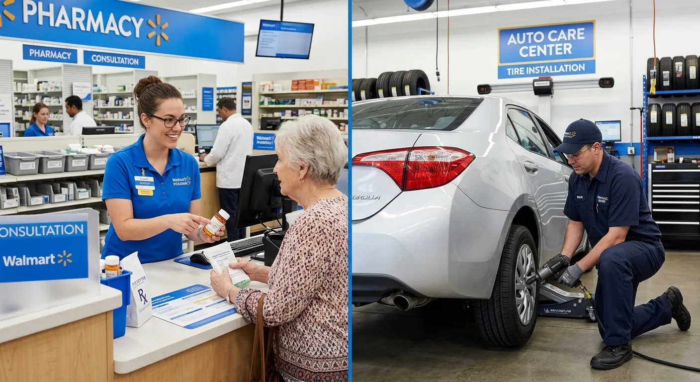 A split-screen image showing a Walmart pharmacy technician consulting with a customer on the left, and an Auto Care Center technician servicing a car tire on the right.