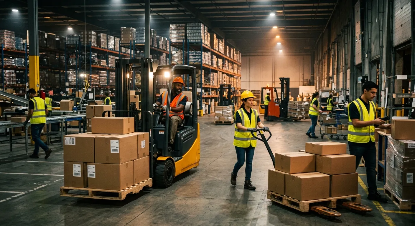 A dynamic, high-energy shot of a modern warehouse floor. A diverse group of temporary workers in high-visibility vests are efficiently moving boxes with forklifts and pallet jacks. The image should convey action, teamwork, and modern logistics. Moody lighting with focused beams from warehouse lights.