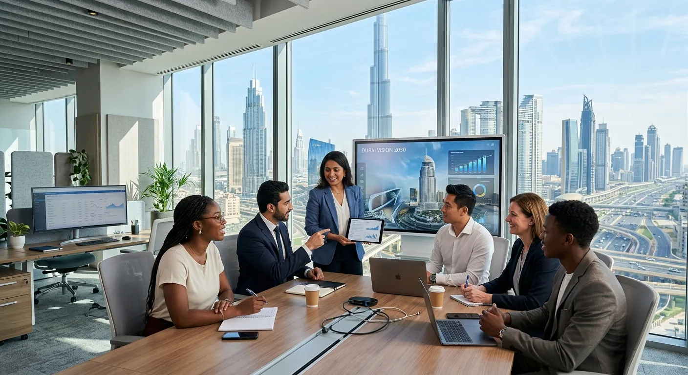 A dynamic, professional image of a diverse team collaborating in a modern glass-fronted office tower... A dynamic, professional image of a diverse team collaborating in a modern glass-fronted office tower overlooking the Dubai skyline, including the Burj Khalifa. Style: Professional, aspirational, high-resolution. Mood: Innovative, collaborative, and forward-looking.