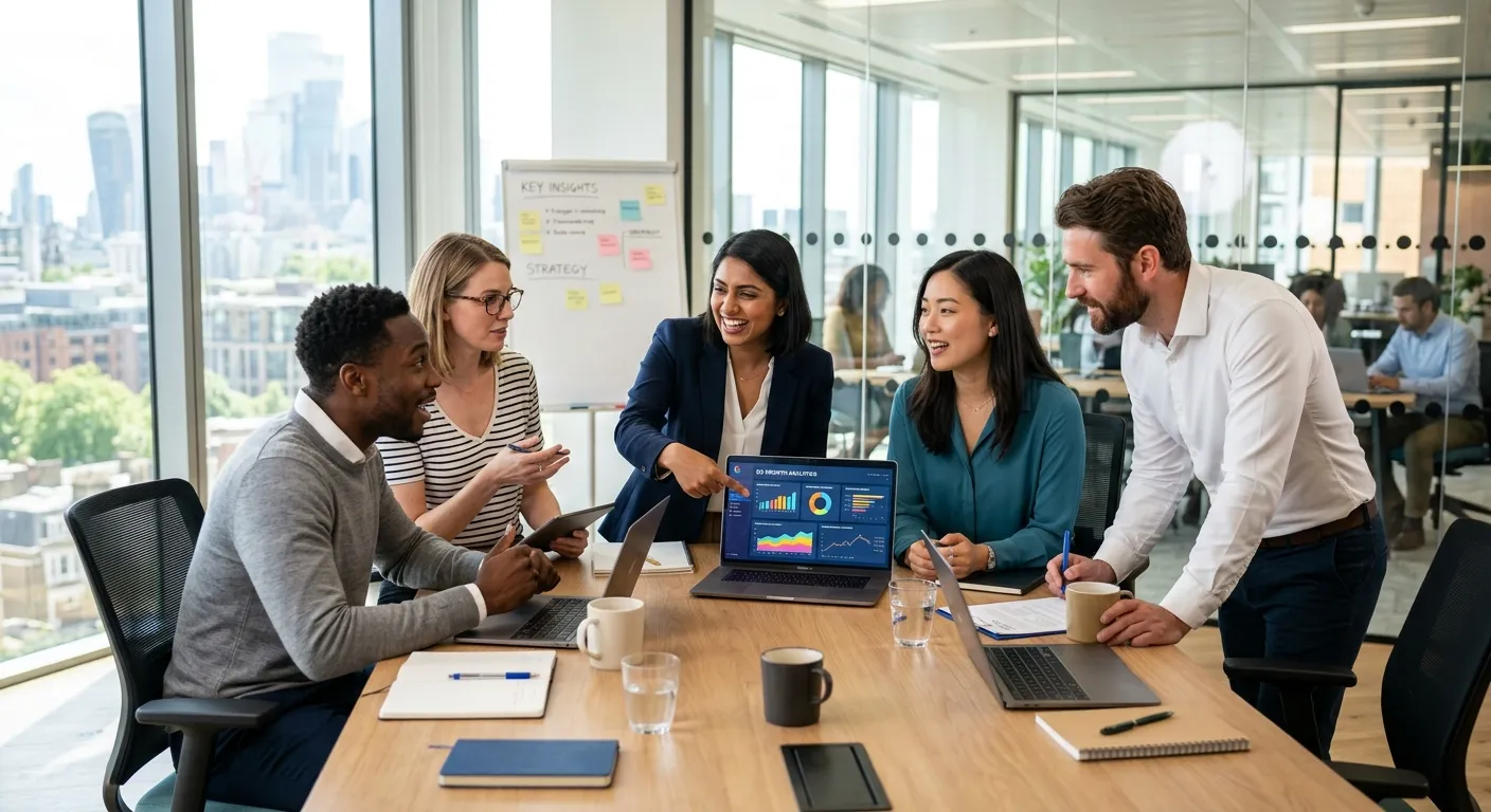 A modern, diverse group of professionals collaborating in a bright, sunlit office. One is pointing to a laptop screen showing analytics, others are discussing. Style is professional, crisp, and energetic, conveying successful partnership and dynamic teamwork.