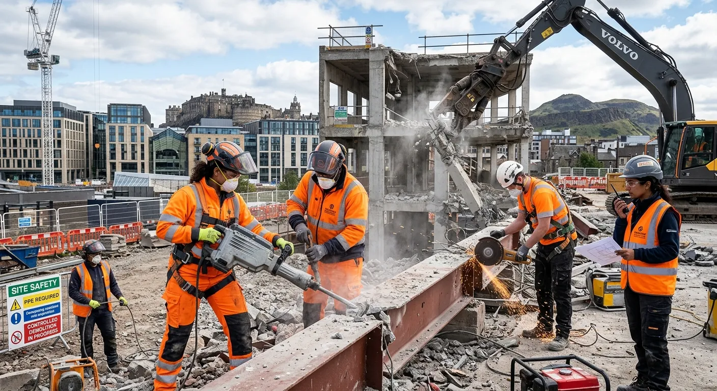 A professional, action-oriented hero image showing a diverse team of demolition operatives in high-visibility gear safely working on a controlled demolition site in an urban Edinburgh setting, with modern buildings in the background. The mood is professional, skilled, and industrious.