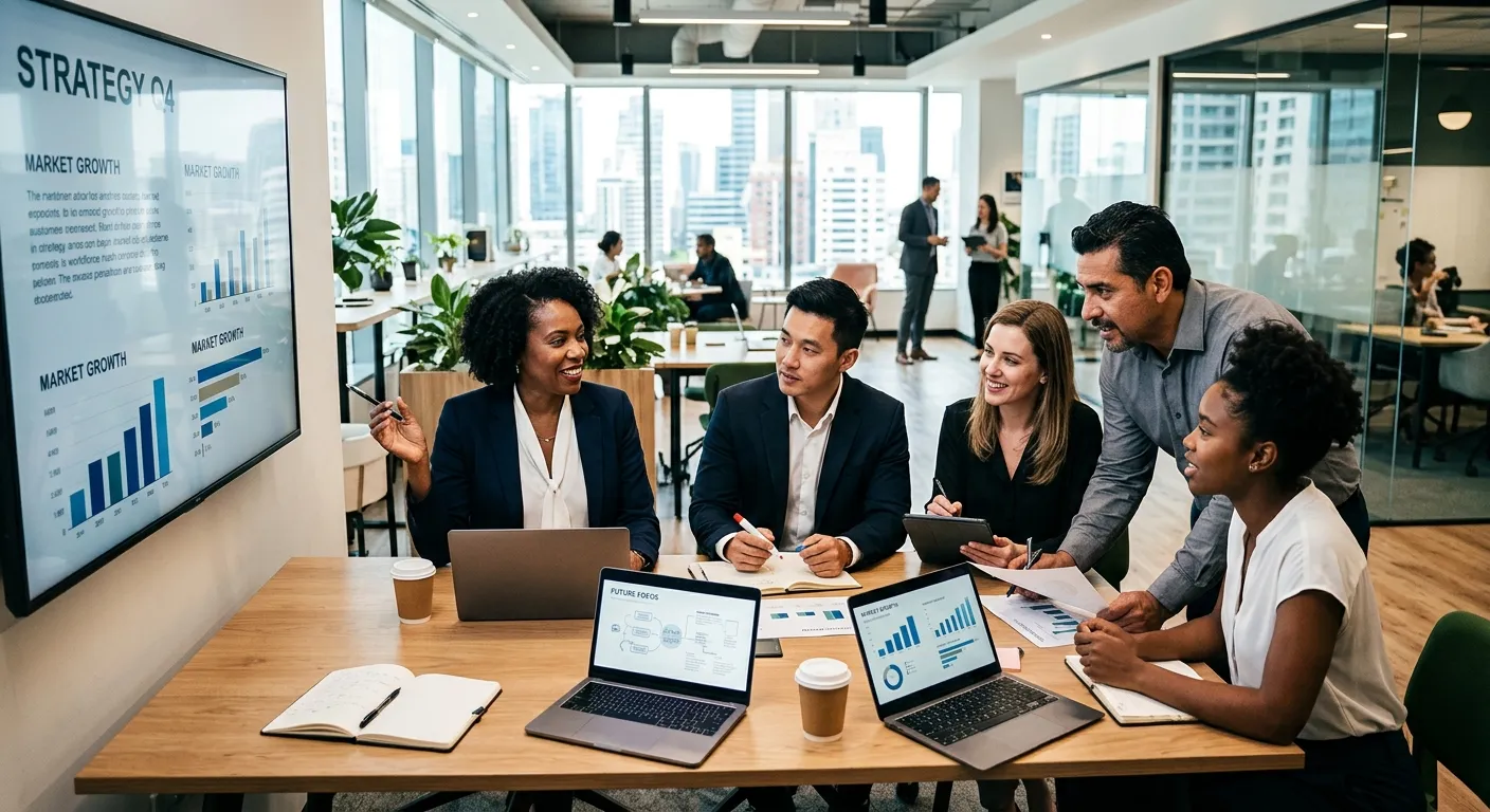 A professional, high-contrast image of a diverse team of professionals collaborating in a modern off... A professional, high-contrast image of a diverse team of professionals collaborating in a modern office environment. The mood is dynamic, successful, and forward-thinking, with a focus on teamwork and strategy.