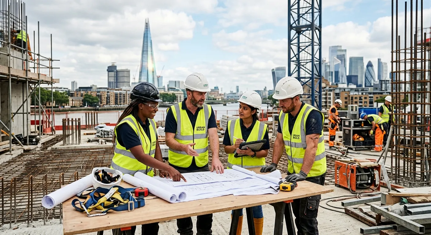 A high-contrast, professional photo of a diverse team of construction workers in high-visibility ves... A high-contrast, professional photo of a diverse team of construction workers in high-visibility vests collaborating on a modern London construction site with landmarks like The Shard or Canary Wharf in the blurry background. Style: Inspiring, professional, action-oriented.