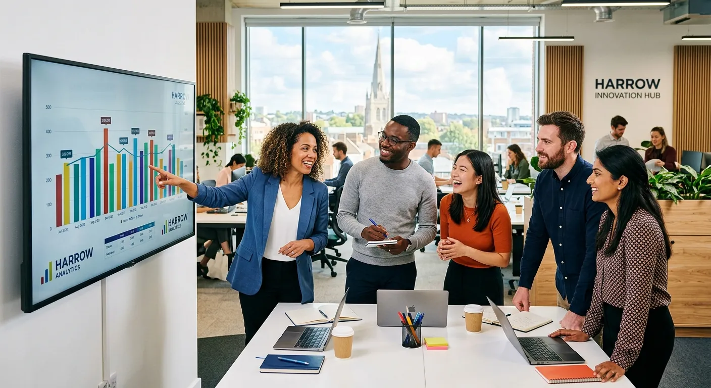 A professional, high-energy photo of a diverse team of office professionals collaborating in a modern, sunlit Harrow-based office. One person is pointing to a data chart on a monitor, others are smiling and engaged. Style: Corporate, authentic, vibrant.