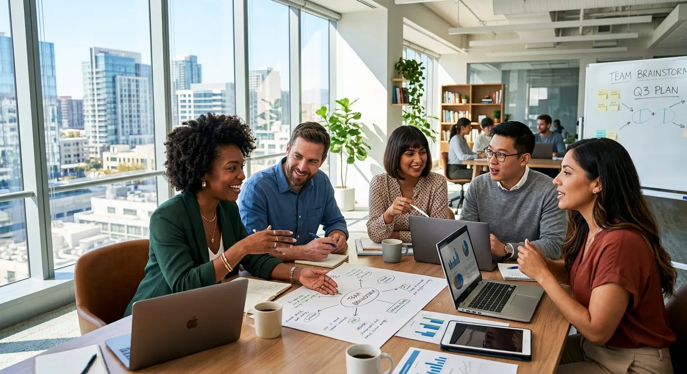 A modern, diverse team of professionals collaborating in a bright, sunlit office. Style is professional, optimistic, and dynamic, with high contrast and sharp focus on individuals.